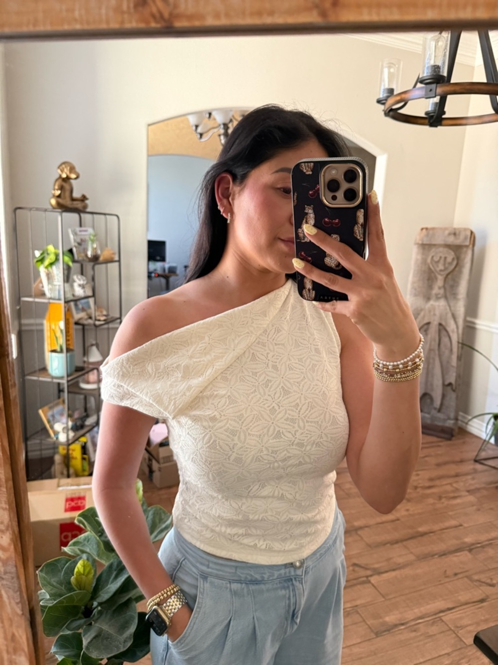 Women's One-Shoulder Lace Camisole in White